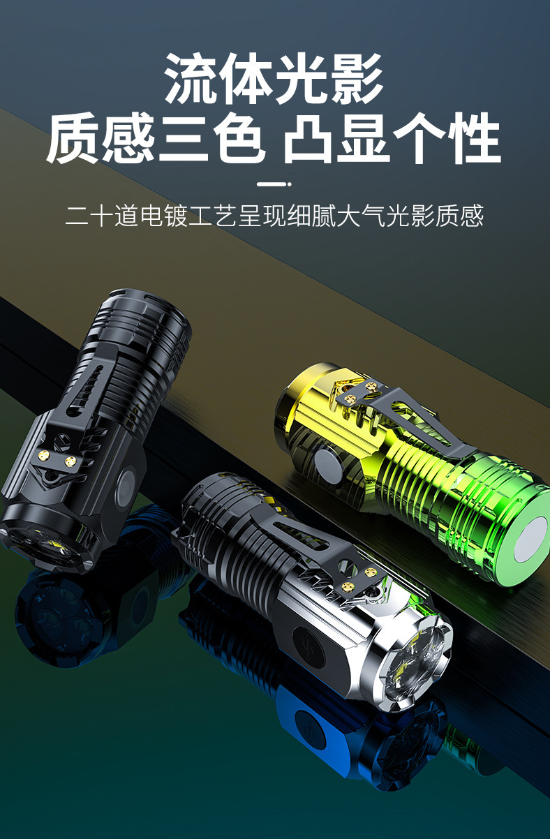 New outdoor LED high-intensity flashlight mini super portable multi-functional holder magnetic rechargeable three-eyed monster pic 3
