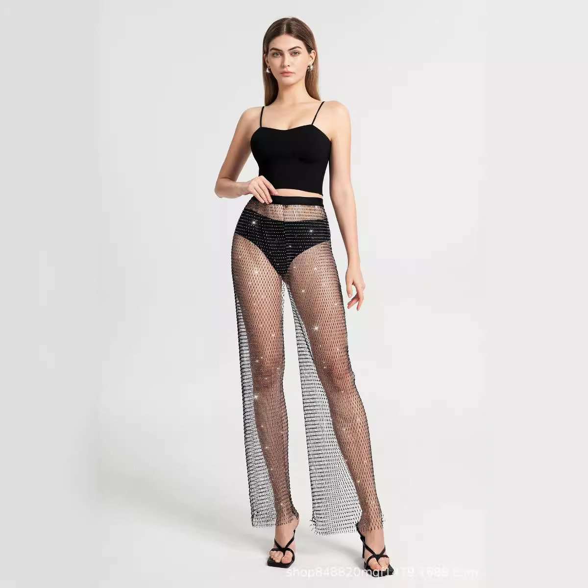 跨境外贸女装渔网阔腿裤亚马逊跨境裤子女性感欧美休闲裤直筒裤详情1