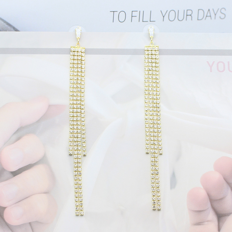 S925银针耳饰欧美时尚镶满钻耳坠简约复古水滴耳钉长款流苏耳环详情6
