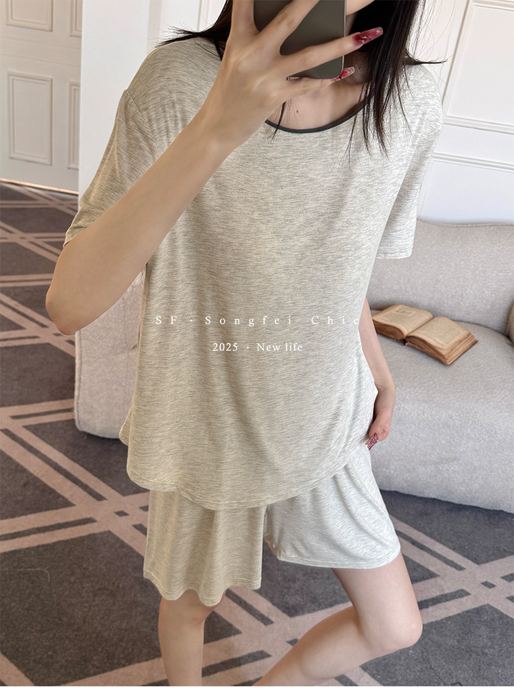 Summer pajama set with chest pad, short sleeves and shorts, pullover, two-piece home wear, thin and skin-friendly, can be worn outside with a pullover pic 26