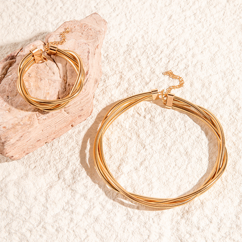 亚马逊跨境个性多层铁弹性蛇骨麻花项圈手链朋克风夸张首饰套装女详情4