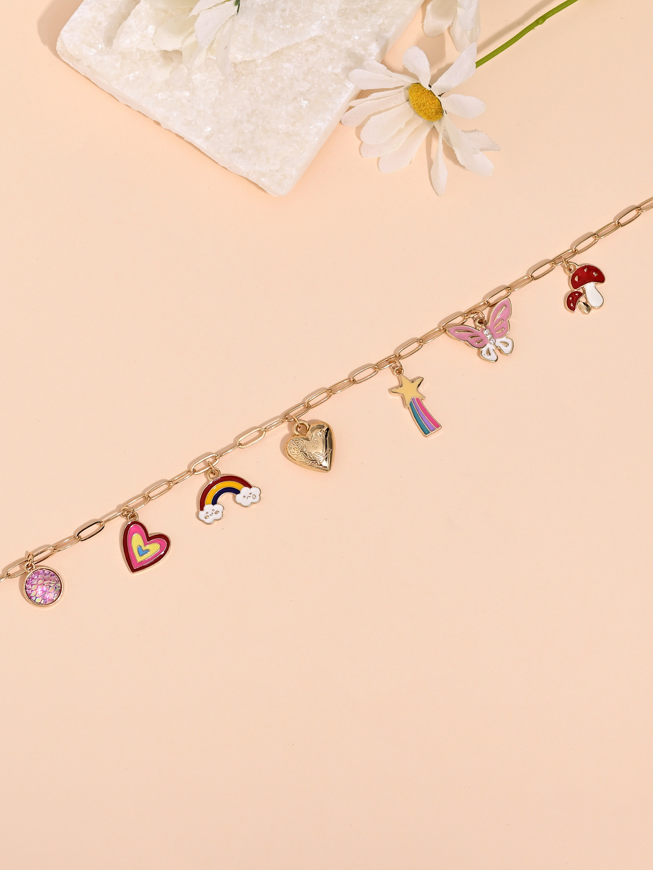 跨境新款时尚简约爱心彩虹蝴蝶蘑菇珍珠流苏项链女甜美百搭锁骨链详情5