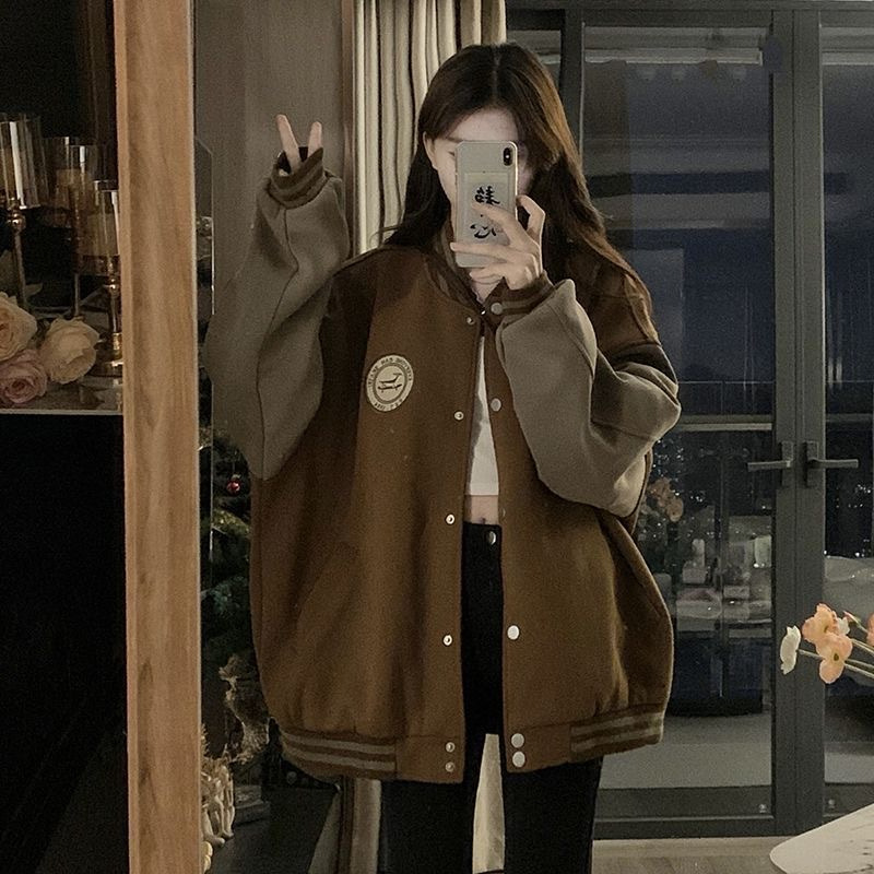 慵懒风棒球服外套女秋冬季加绒加厚复古宽松休闲开衫卫衣ins潮详情7