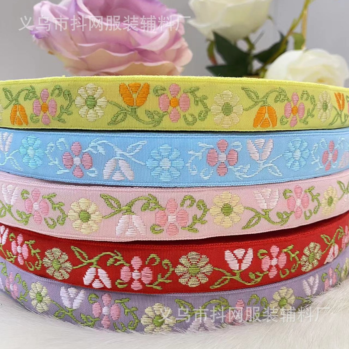 1.8cm Ethnic-style embroidered jacquard webbing DIY flower bow hair accessory border strap Nylon lustrous silk webbing pic 2