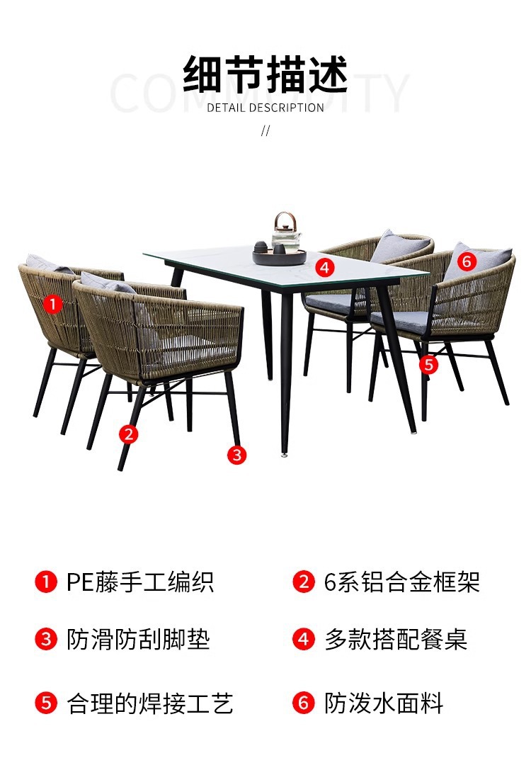 户外庭院桌椅高端别墅花园藤椅岩板家具室外防水防晒阳台桌椅组合详情3