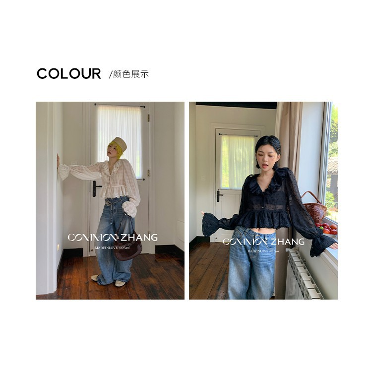 CZ ZHANG Early Autumn French sweet Lace collar flared sleeves see-through polka dot shirt for women B33039 pic 2
