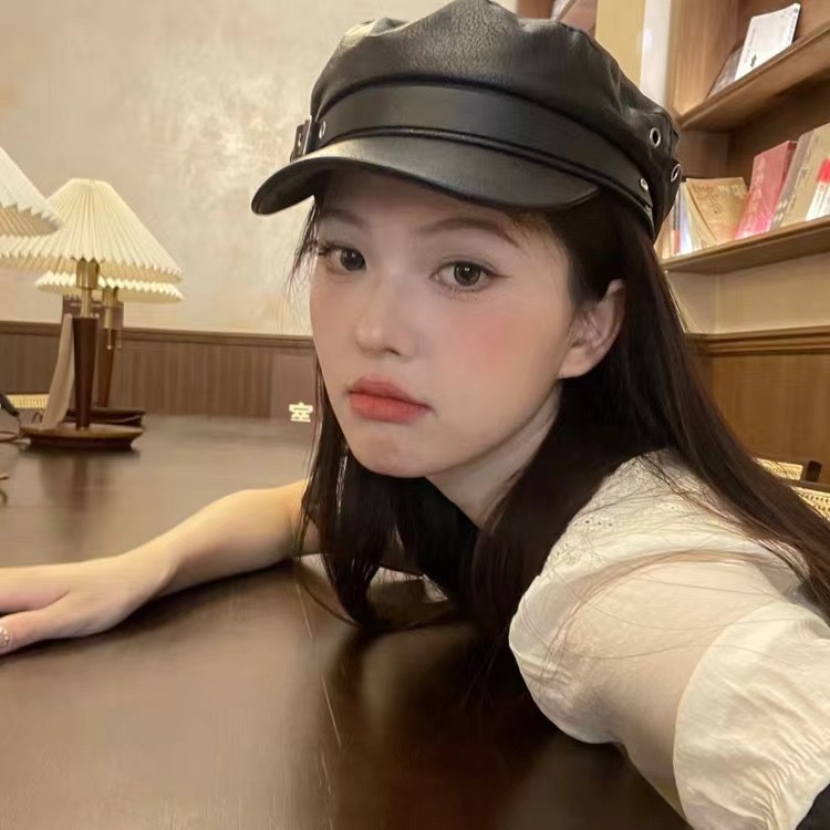 外贸黑色PU全皮海军帽男英伦皮扣鸭舌帽时尚八角帽女春秋休闲皮帽详情4