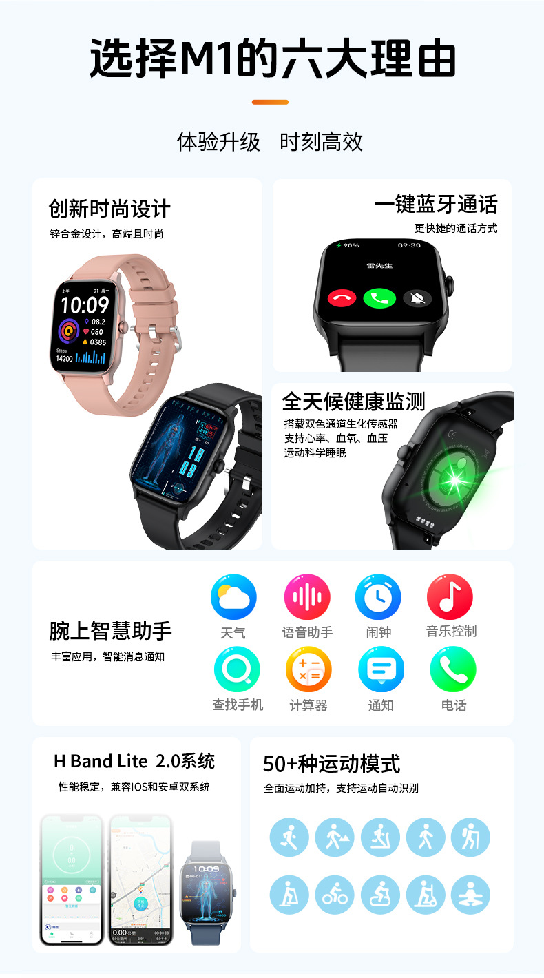 跨境M1智能手表蓝牙通话高颜值表盘心率监测男士女士运动手表工厂详情6