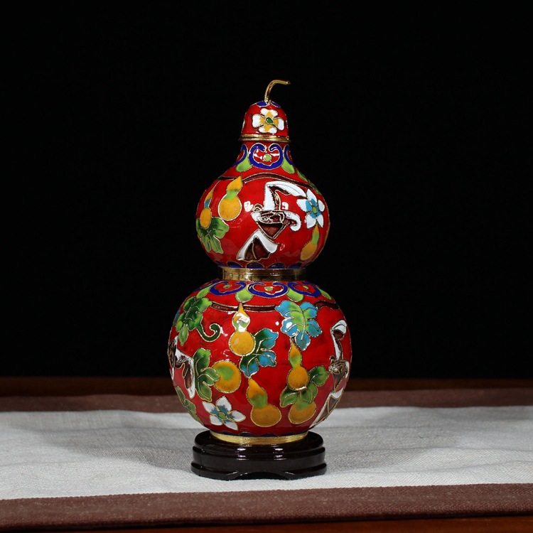 Beijing Cloisonne craft cultural gift and decoration piece: 6-inch gourd with copper body, cloisonne enamel, filigree and silver blue pic 4