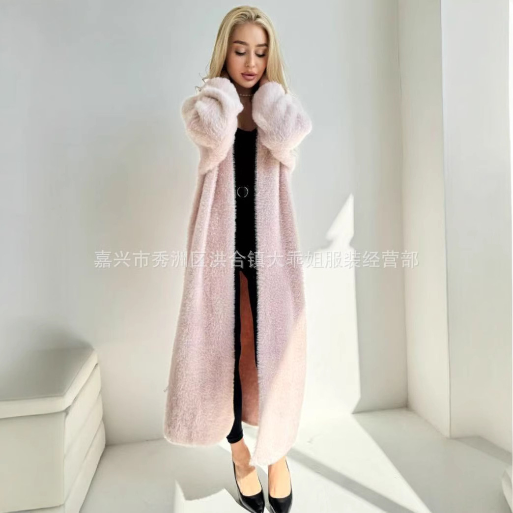 白色水貂绒开衫毛衣长款宽松慵懒风针织衫外套女春秋纯色外搭大衣详情7