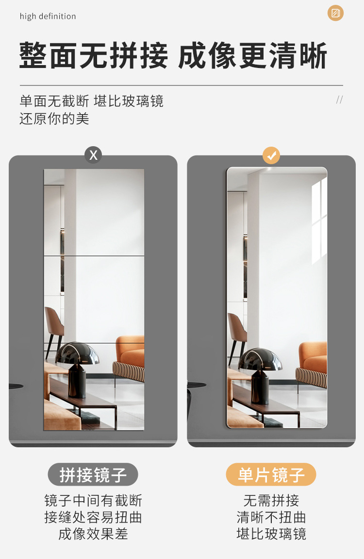 软镜子贴墙自粘全身穿衣镜贴片高清化妆镜亚克力浴室宿舍壁挂镜子详情6