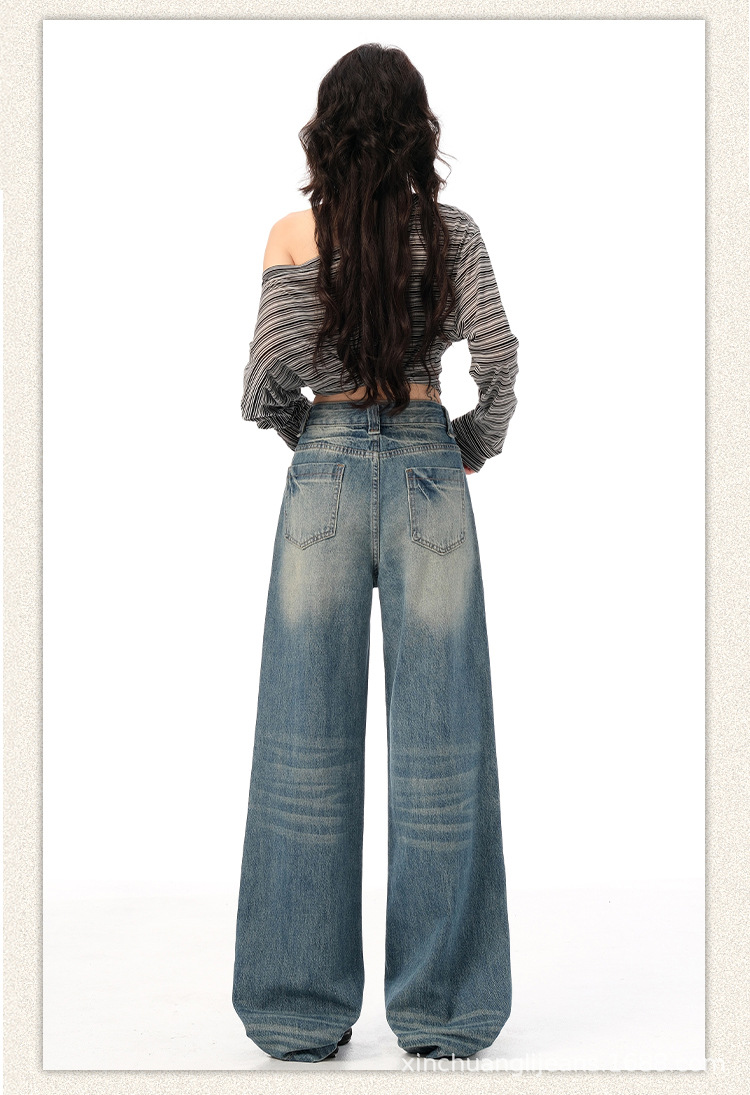 新塘牛仔之都美式复古嘻哈辣蓝色牛仔做旧直筒宽松拖地长裤女款详情8
