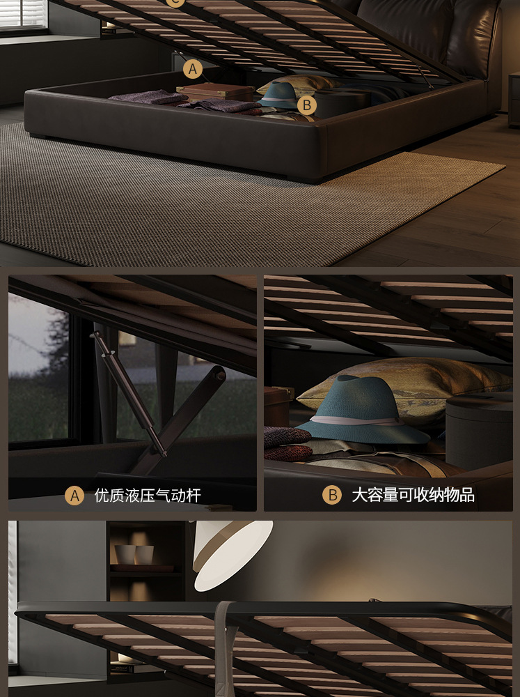 意式极简真皮床头层牛皮榻榻米床主卧羽绒软包床2*2米大床双人床详情13