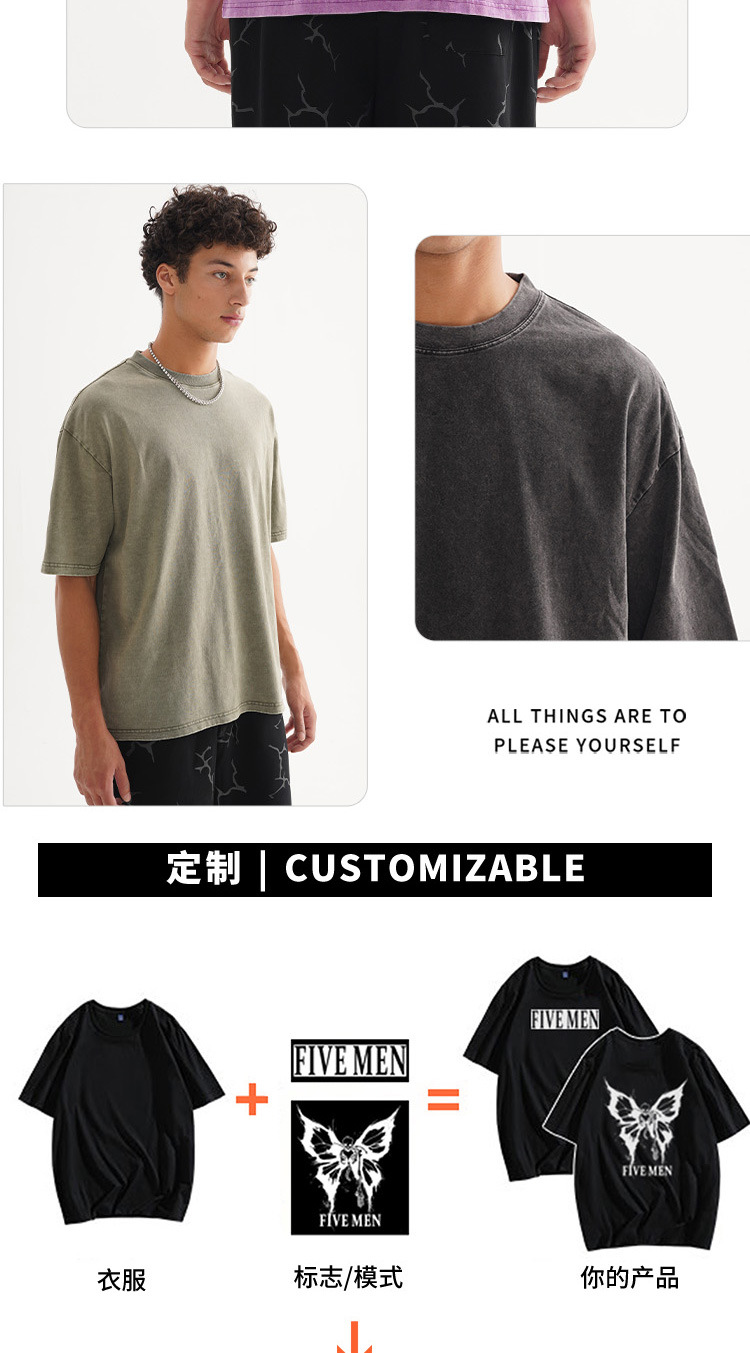 ETAI男装|跨境潮牌重磅水洗做旧t恤美式复古纯色宽松落肩男士短袖详情6