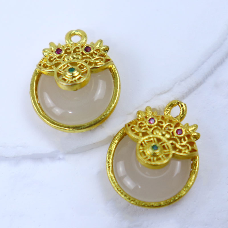 天然保色铜镀金玉石吊坠DIY手工古法镶嵌中国风龙狮挂件配饰项饰吊坠详情7