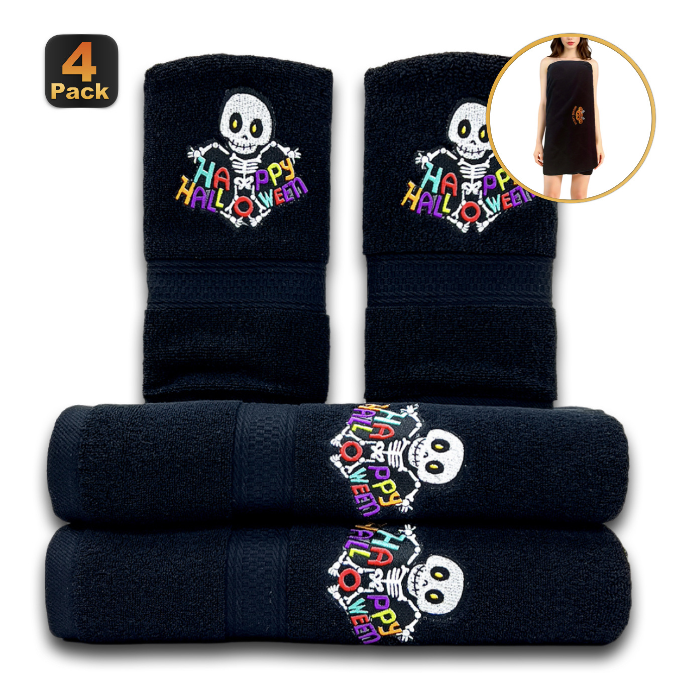 跨境批发纯棉毛巾浴巾四条装 全棉吸水刺绣万圣节圣诞节新年礼物详情7