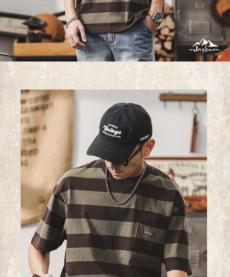 32支双纱平纹纯棉T恤男短袖夏季美式复古重磅宽松大码条纹男体恤详情10