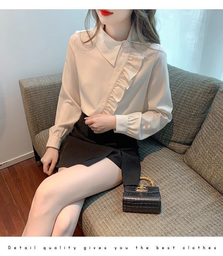 Irregular ruffled lapel shirt top for women, a unique and stylish autumn/winter 2025 new style shirt pic 17