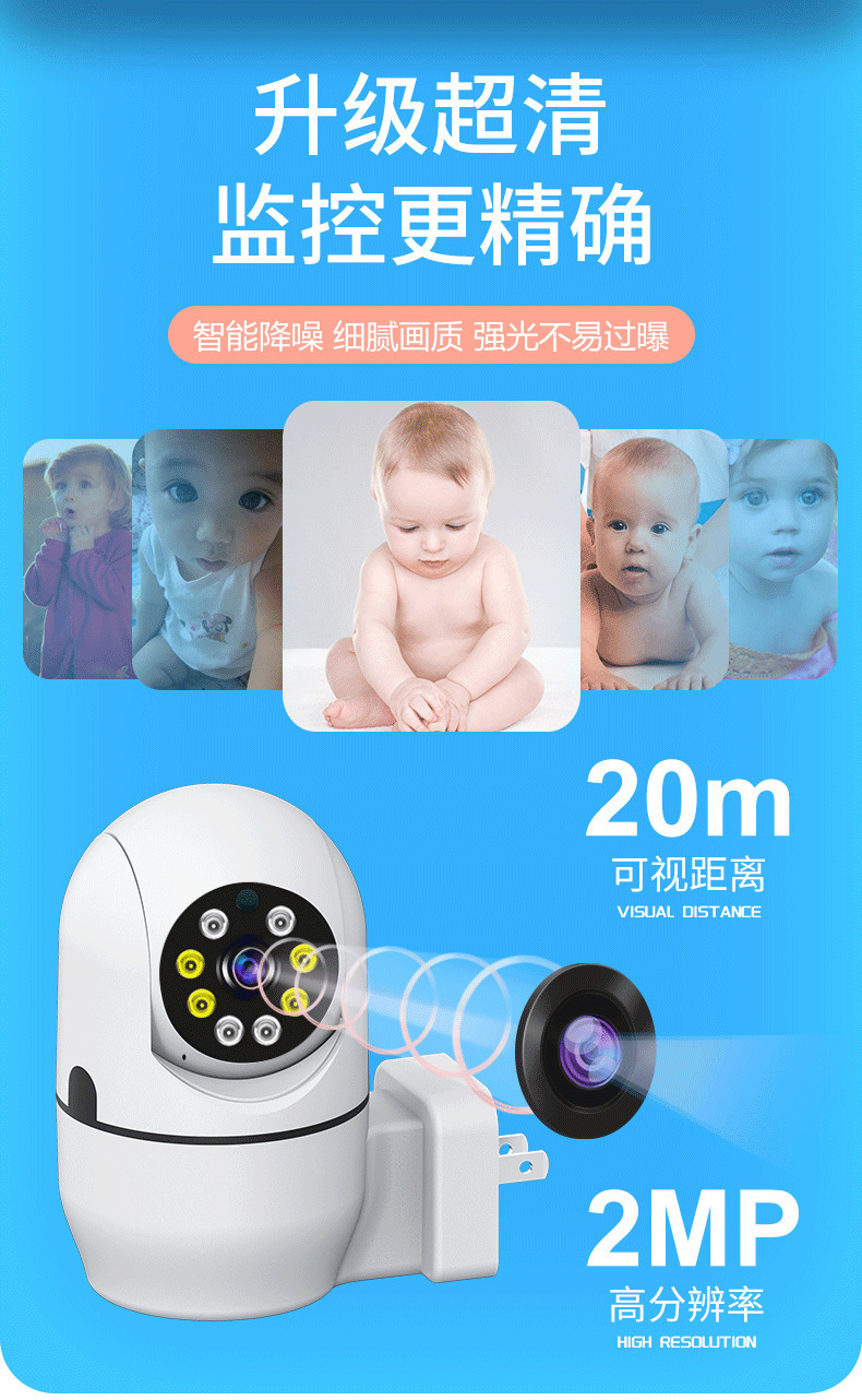 Cross-border bestseller plug direct insertion WiFi remote pan-tilt, rotating and moving alarm push surveillance camera pic 7