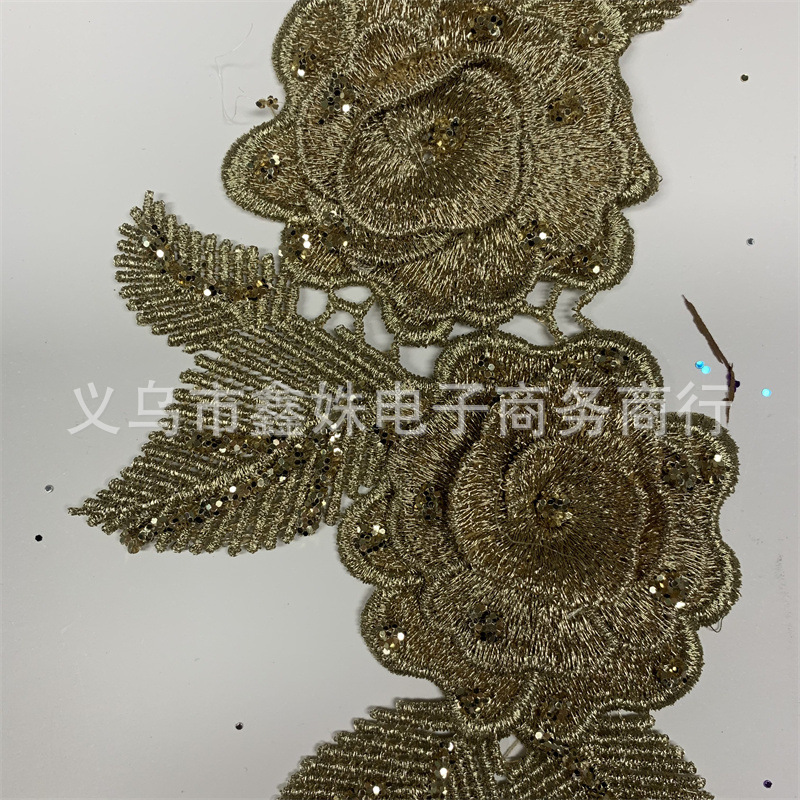 Embroidered gold thread flower-patterned fabric stickers for clothing decoration pic 3