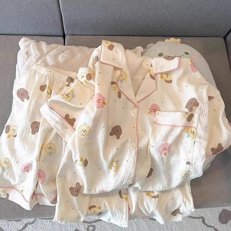 Pajama Women Summer Cloud Cotton 2024 New Style sweet and cute cardigan casual short-sleeved and short-shorts home wear set pic 13