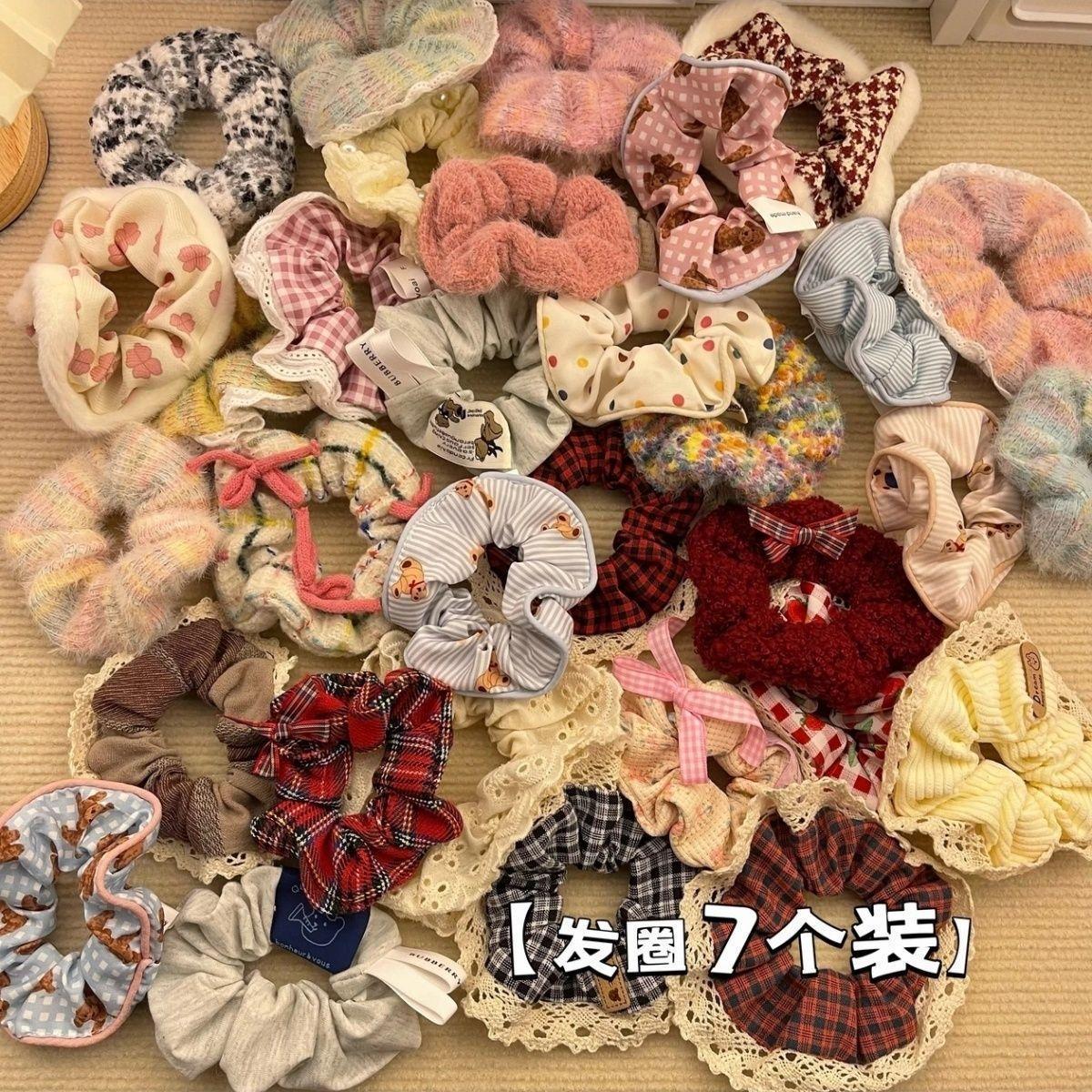 韩版大肠发圈 芭蕾风奶蓝格子重工烫钻蕾丝花边 可爱奶油甜妹发绳女 持久弹力不伤发质详情1