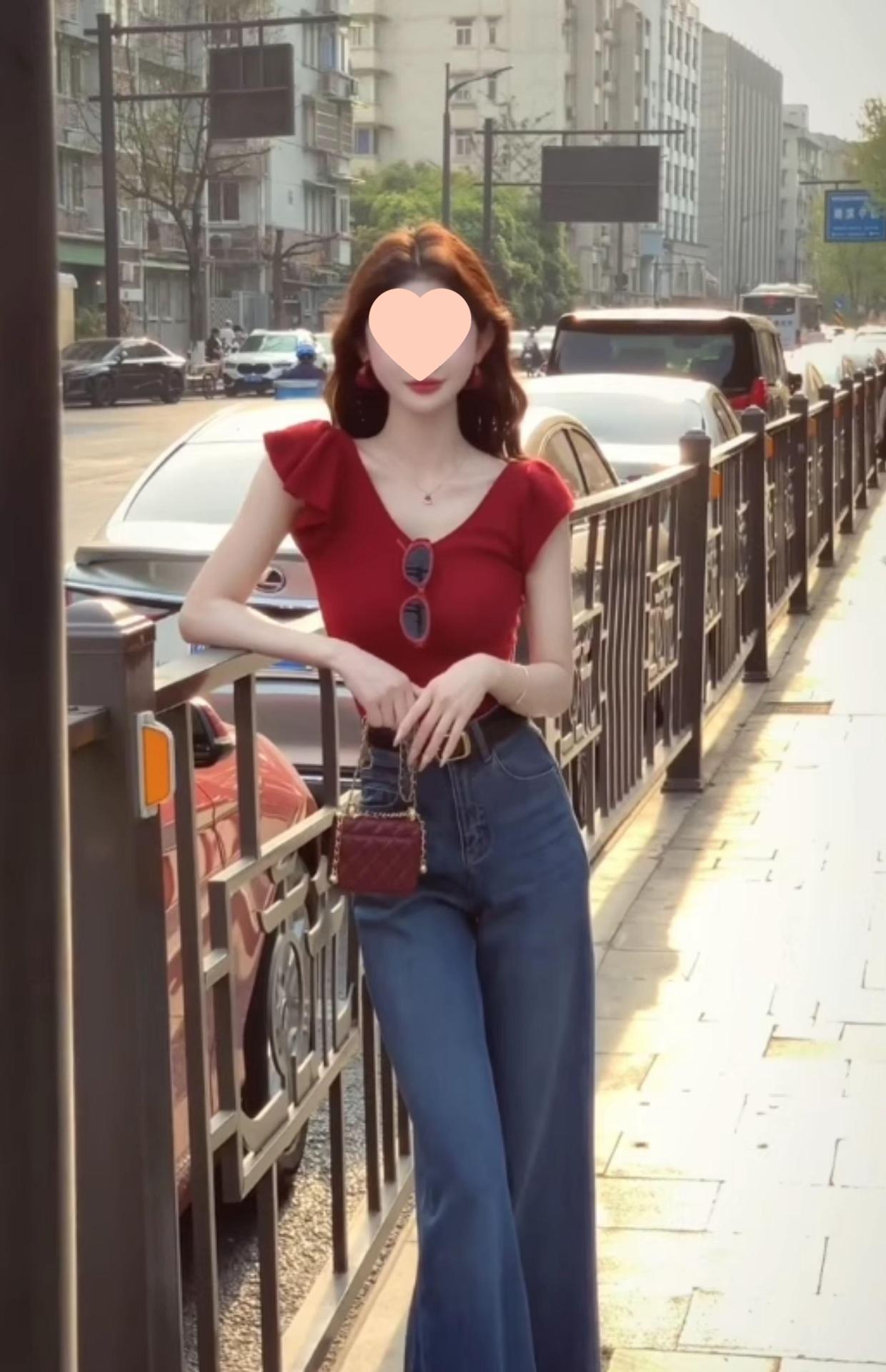 红色V领短袖针织衫正肩T恤女夏季修身显瘦纯欲辣妹小飞袖短款上衣详情9