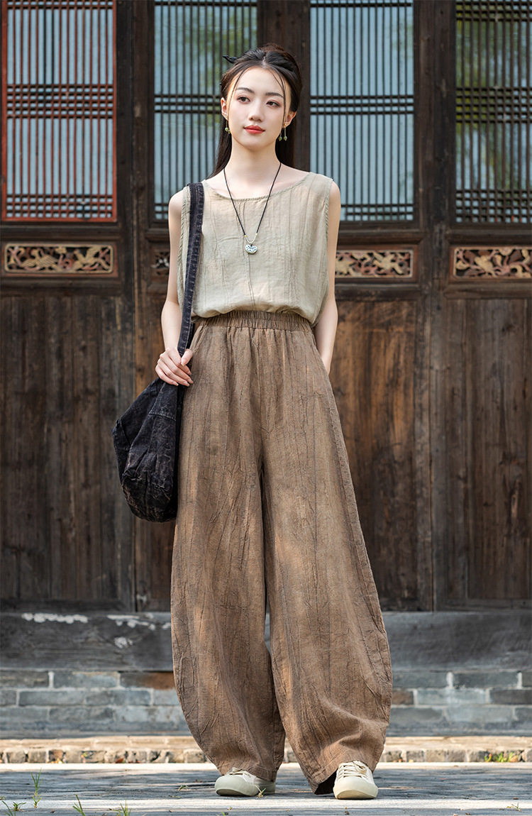 国潮-苎麻扎染做旧休闲长裤25新款棉麻女装中式禅修打坐裤女棉麻灯笼裤详情22