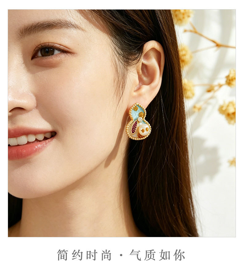 国潮招财葫芦耳钉铜真金电镀蓝白渐变滴油淡水珍珠s925银针女耳饰详情9