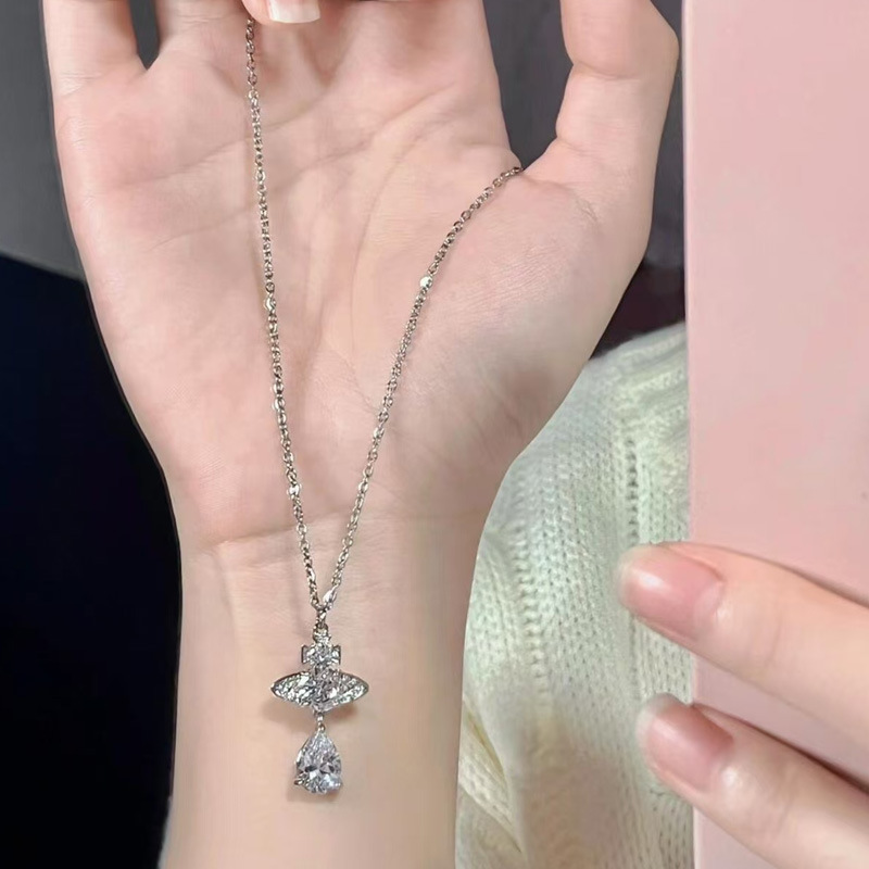 Versa Vivien土星项链 西太后人鱼眼泪满钻吊坠项链 女款锁骨链详情7