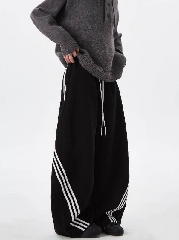 美式街头条纹撞色阔腿裤卫裤男女复古松紧抽绳垂感休闲运动裤详情11