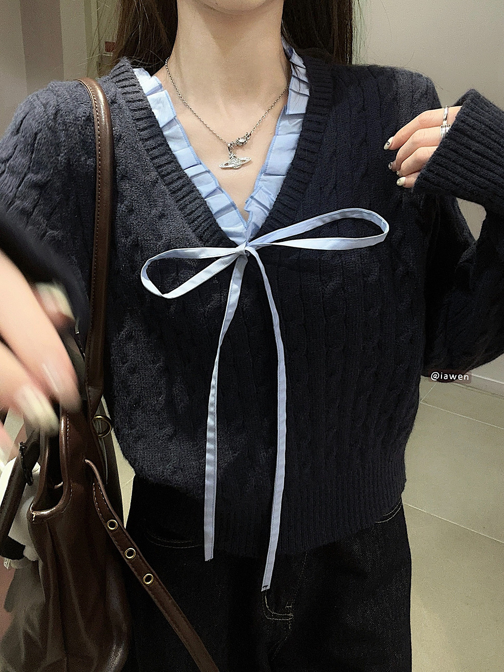 韩系学院风设计感假两件长袖毛衣针织衫女冬季蓝色温柔风修身上衣详情16