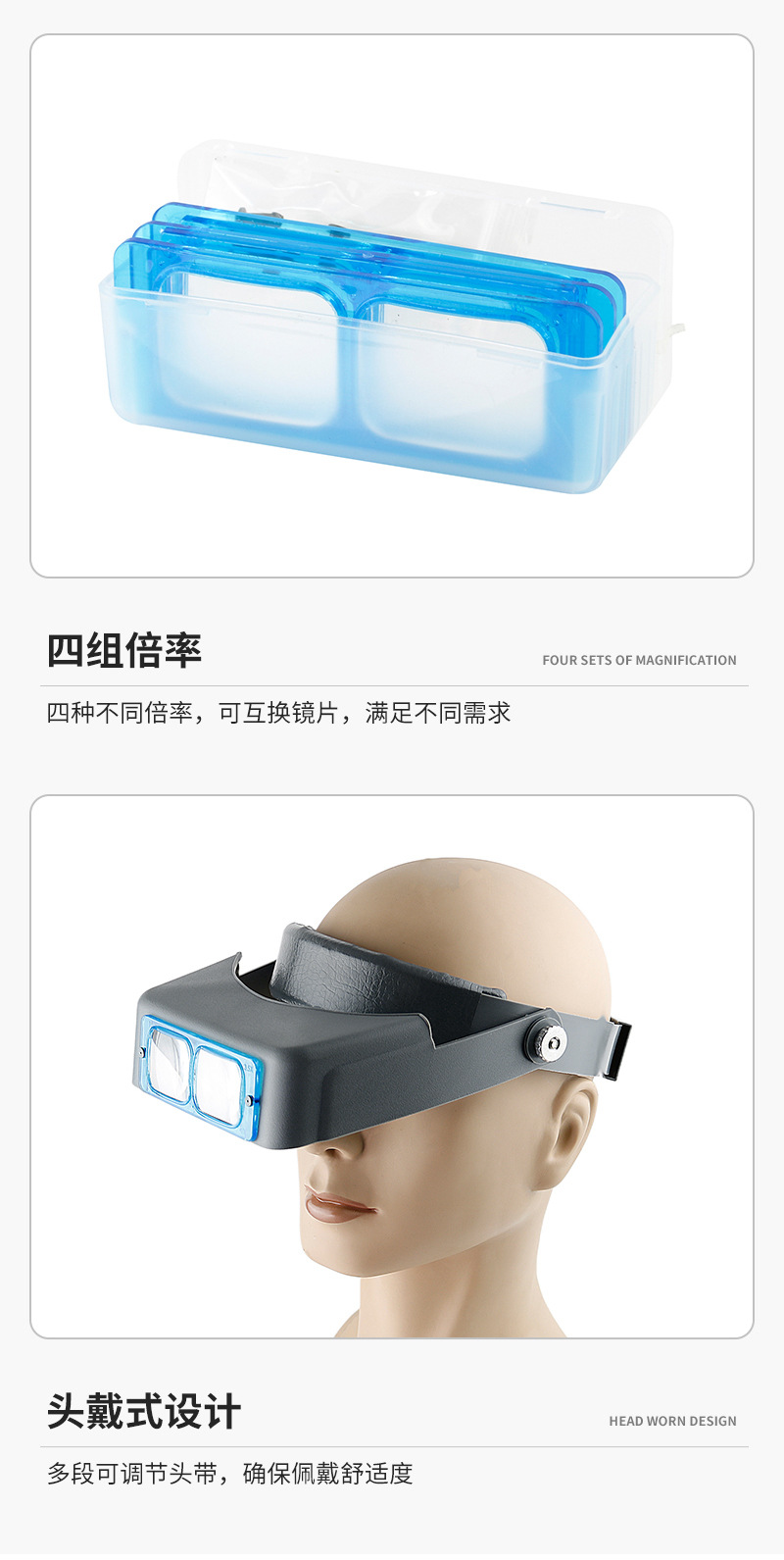头戴式手机维修专用放大镜 1.5-3.5倍光学玻璃镜片四组 车间检测阅读看书放大镜高清便携详情7