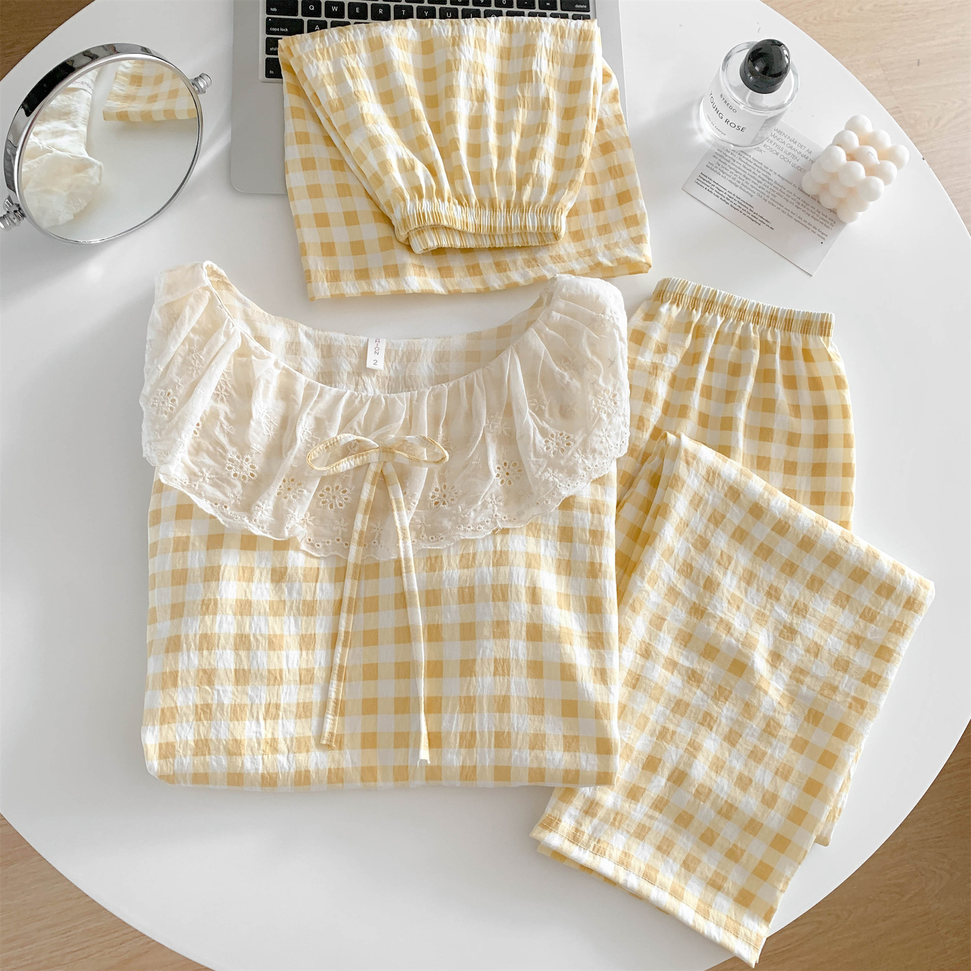 圆领大翻领花边云朵棉睡衣女春秋短袖短裤长裤甜美家居服女套装详情4