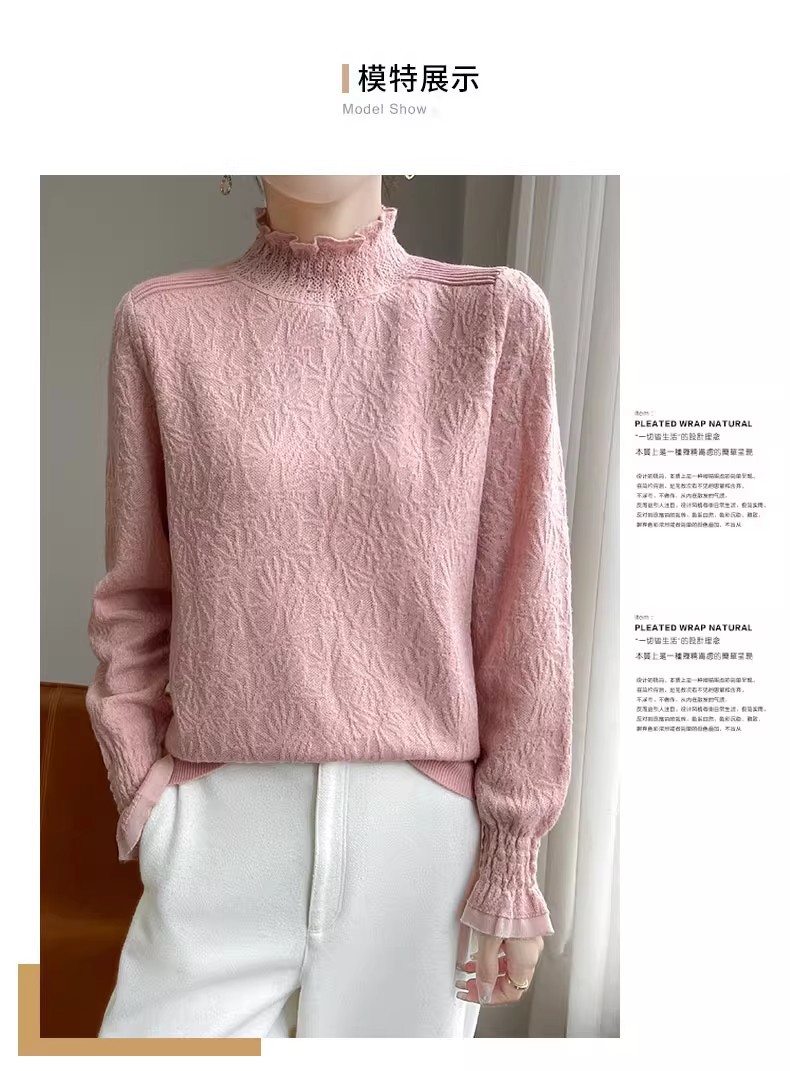 The 2025 autumn/winter new style lace and black ear-trimmed semi-high neck base layer for women is super stylish. Pair it with an A9325 sweater pic 7