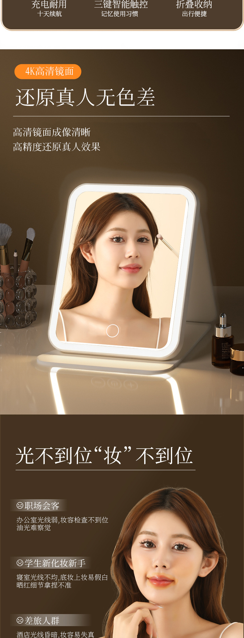 跨境镜子化妆镜带灯折叠led便携网红女生公主简约学生宿舍办公室详情2