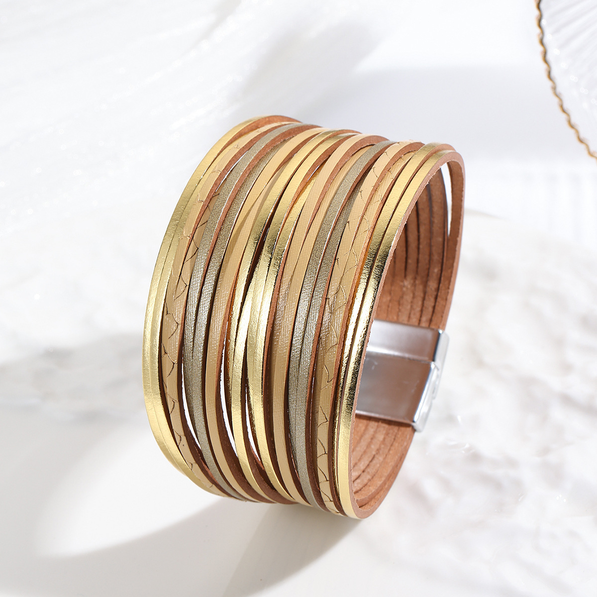 新款亚马逊多条渐变男手环皮绳混色百搭女士PU皮革皮手链磁扣手镯详情18