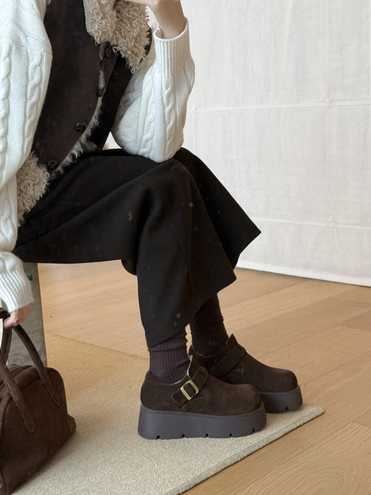 MARCO&JOYCE厚底增高勃肯鞋女冬季新款加绒松糕一脚蹬乐福鞋单鞋详情30