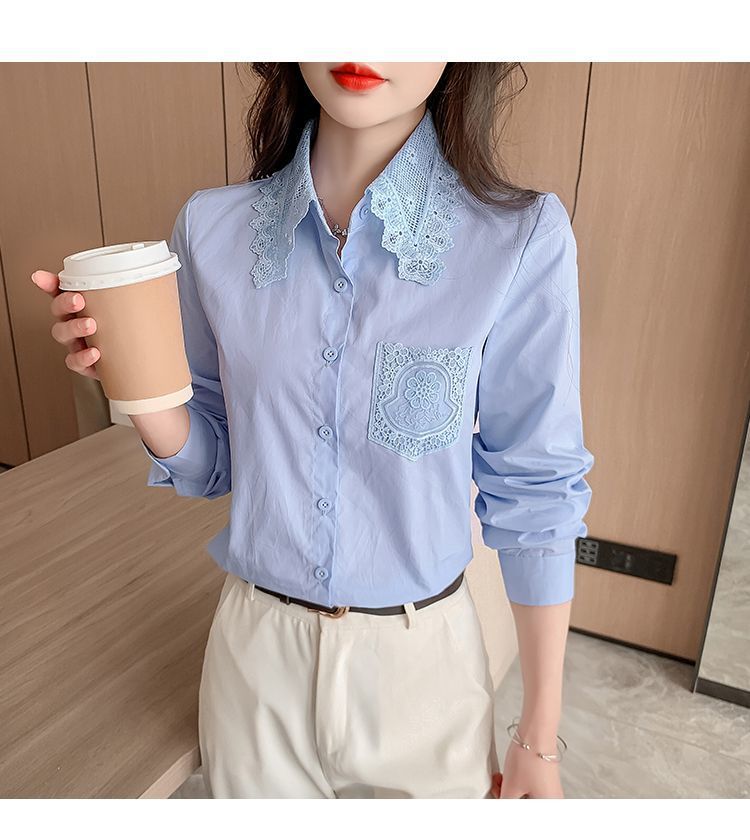 春秋季2025年新款女装时尚减龄纯棉衬衫女洋气全棉蕾丝领休闲上衣详情23