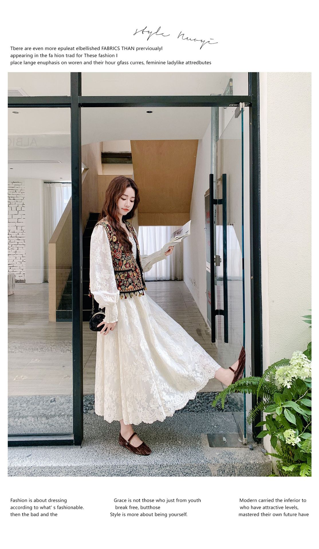 Real shot Bohemian fringed vest jacquard long dress two-piece set 2025 autumn collection lace patchwork V-neck dress pic 23