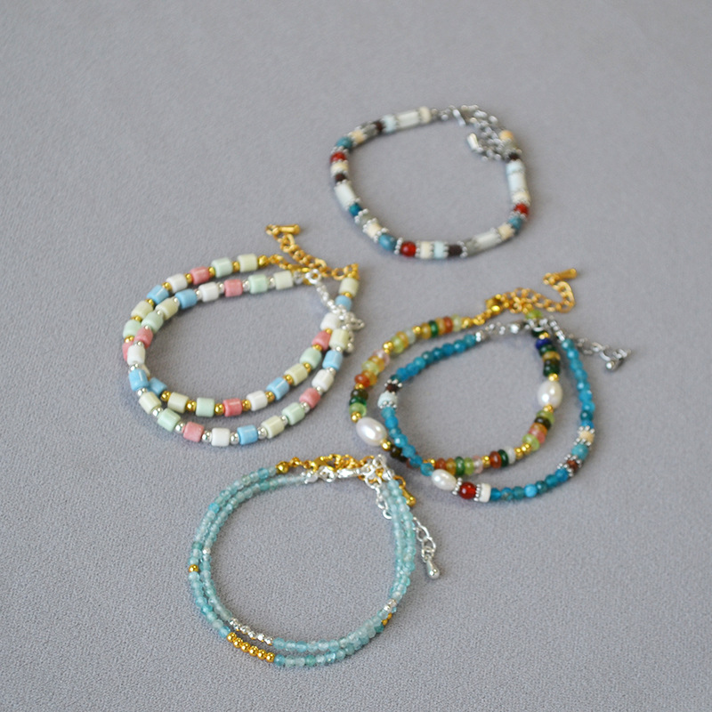 法式小众设计文艺复古时尚简约彩色真石串珠叠带个性气质细手链女详情6