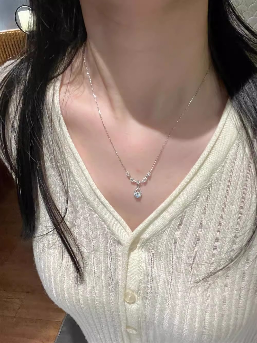钛钢不掉色鱼人泪镀银项链女镶钻超闪轻奢小众精致时尚锁骨链颈链详情3