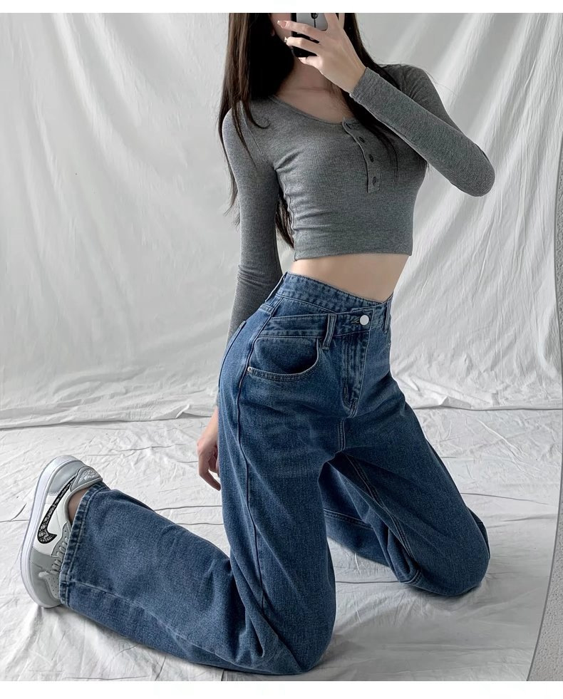 Irregular loose straight-leg jeans are versatile for women. Regular slanted high-waisted pants that make you look petite. Wide-leg floor-length pants pic 19