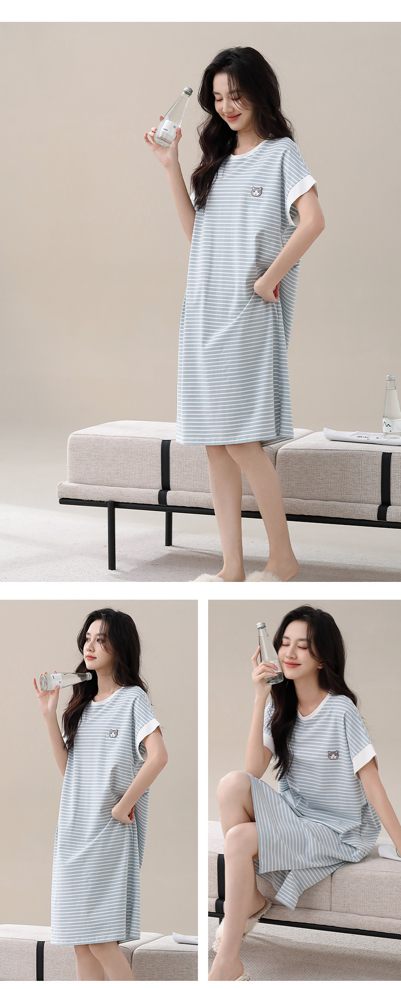 Pure cotton nightgown for women, summer short-sleeved mid-length dress, casual striped home wear for women, new thin style that can be worn over pajamas for women pic 19