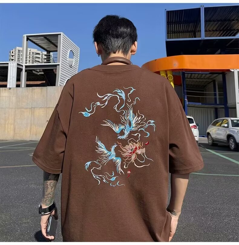 国潮中国风衣服白色纯棉短袖t恤男宽松大码凤凰潮牌重磅半袖夏季详情45