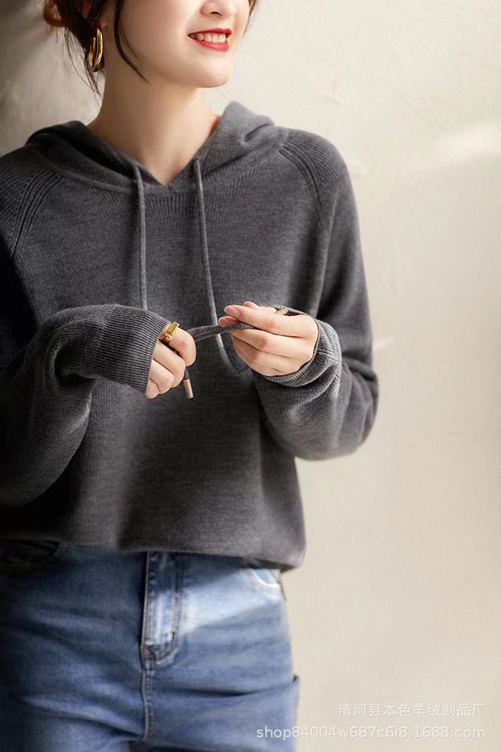 哥块团弟同款羊毛针织连帽毛衫女套头条纹宽松打底衫针织衫代发详情7