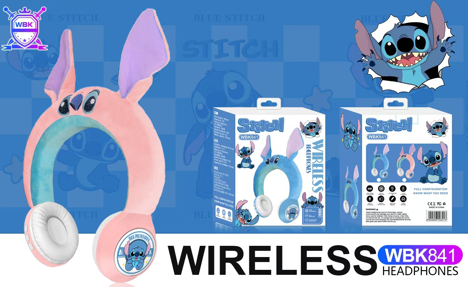 WBK-841新款创意卡通史迪仔毛绒头戴蓝牙耳机礼品无线儿童跨境外详情9