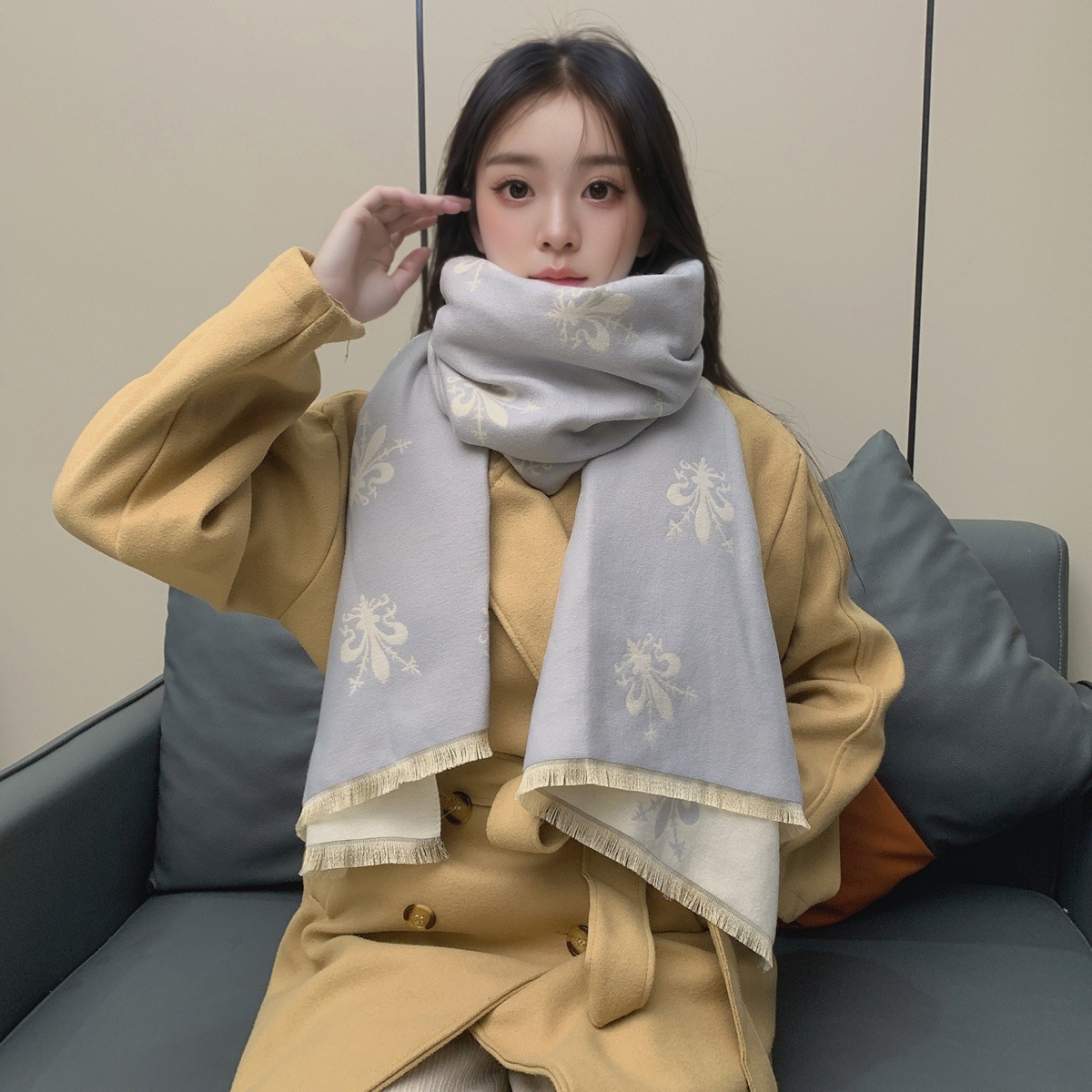 围巾女冬季欧美风格佛罗伦萨鸢尾花披肩加厚百搭双面保暖围脖保暖详情11