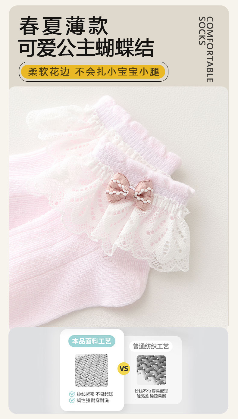 新生婴儿袜子幼儿女童春夏薄款蝴蝶结公主纯棉宝宝花边袜蕾丝女宝详情3