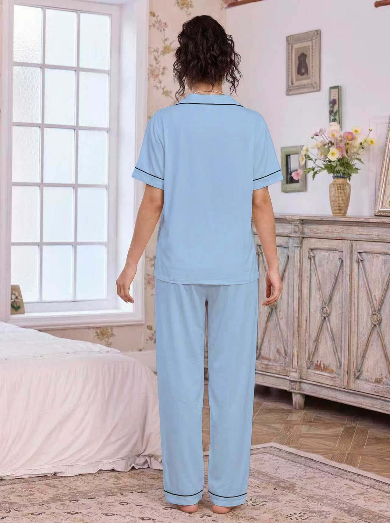 亚马逊欧美家居服套装翻领开衫短袖长裤爱心绣花睡衣女外贸独立站详情27